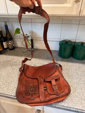 Komal's Passion Leather Messenger Mail Bag Crossbody Brown Buckles Rustic VTG
